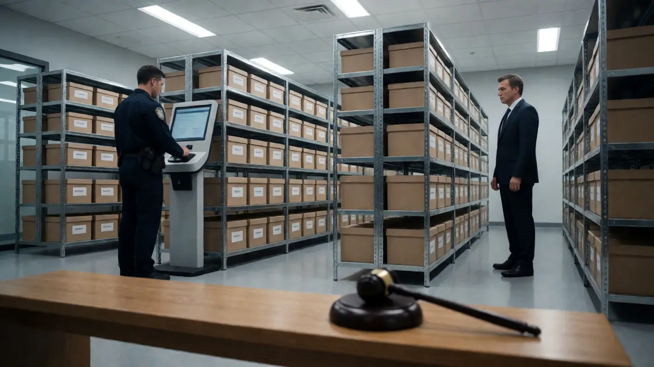 Officer logging evidence in a secure storage room with a prosecutor observing