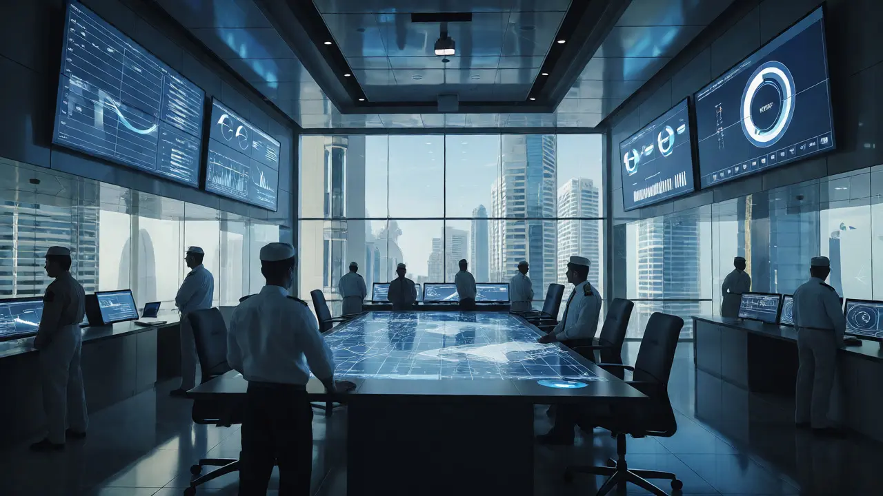 Officers analyzing data on large screens in a modern command center.