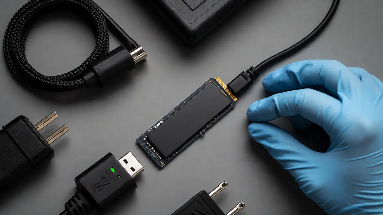 Overhead view of a forensic kit with NVMe drive, write blocker, and cables on a gray surface.