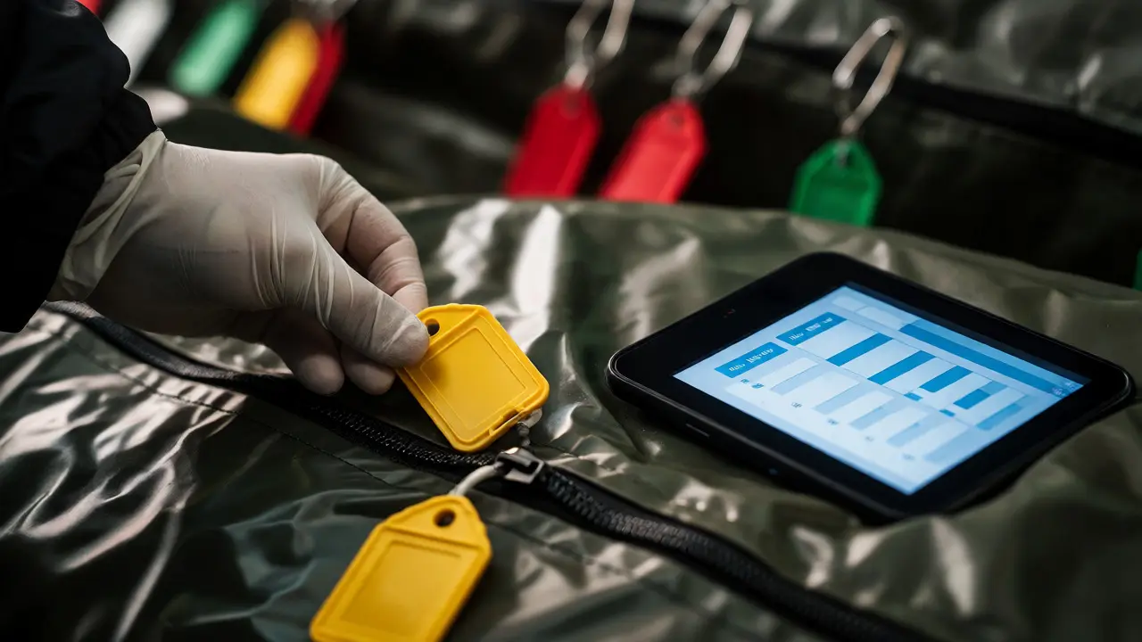 Pathologist attaching a yellow triage tag to a body bag for identification sorting.
