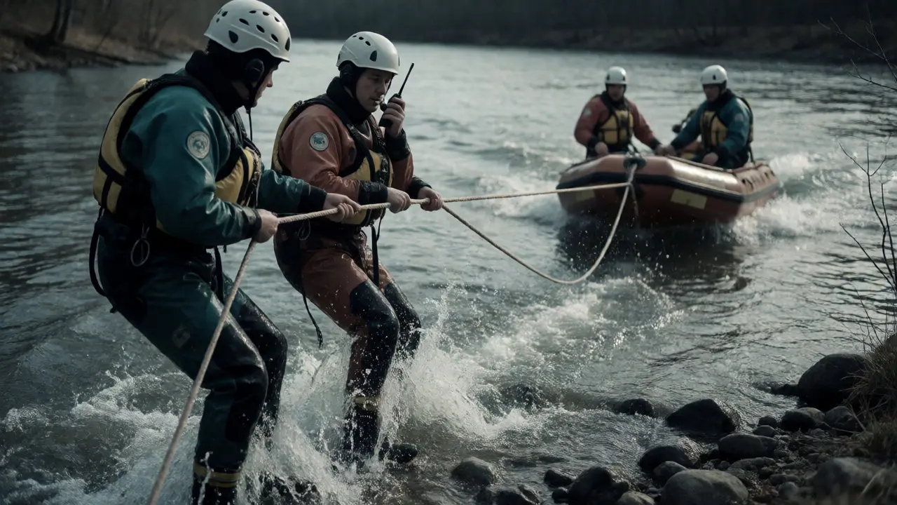 Rescuers manage a rope line during a swiftwater operation on a rocky riverbank.