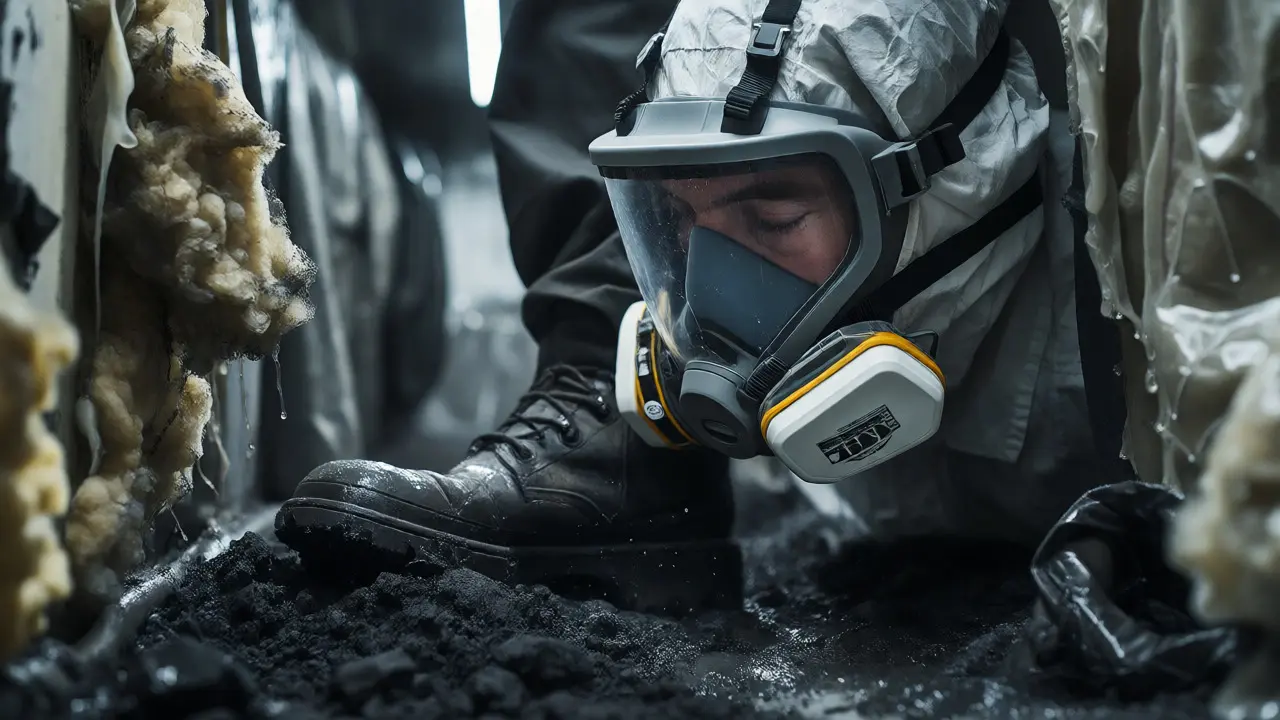 Respirator wearing investigator amidst soot and toxic sludge