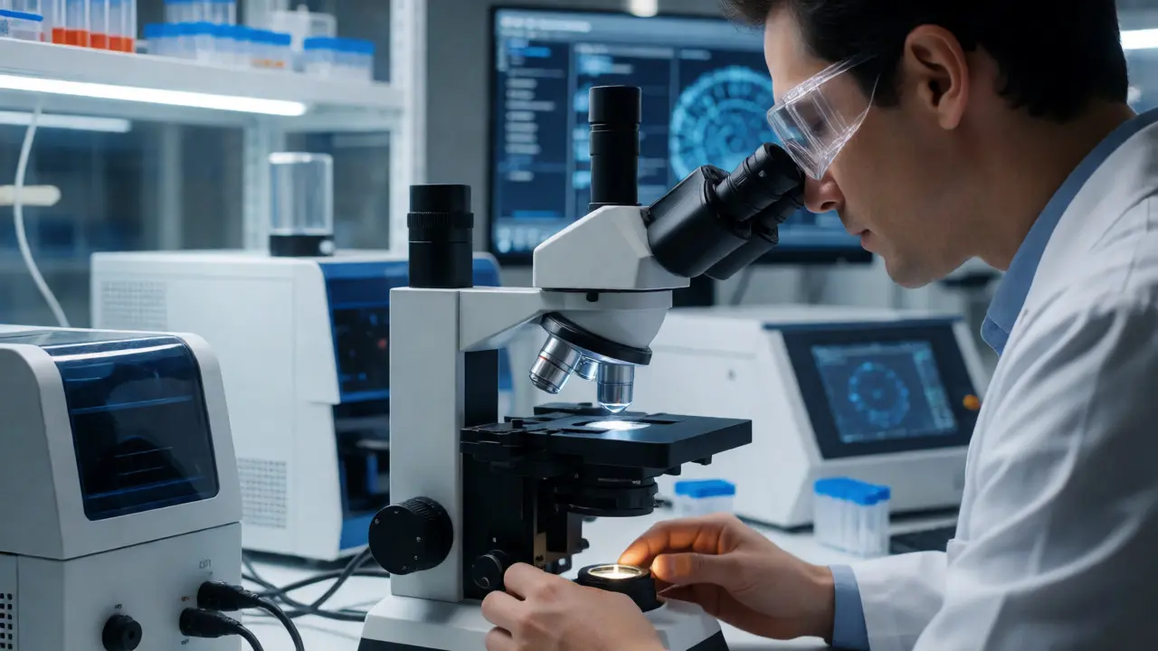 Scientist analyzing trace evidence with advanced microscopes and sequencers in a high-tech forensic lab.
