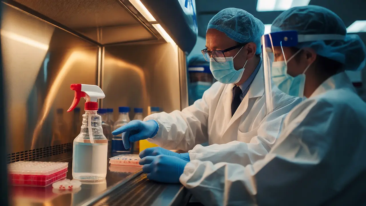 Senior technician demonstrating aseptic technique to trainees inside a biosafety cabinet during a lab session.