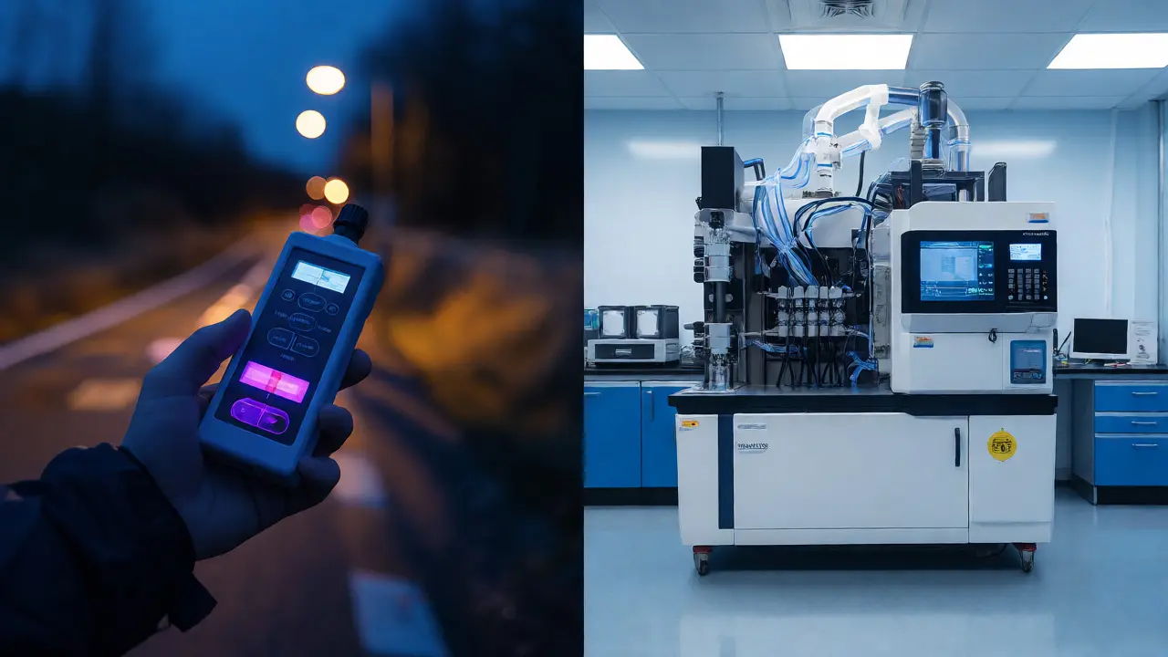 Side-by-side comparison of a roadside field test kit and a laboratory GC-MS machine.