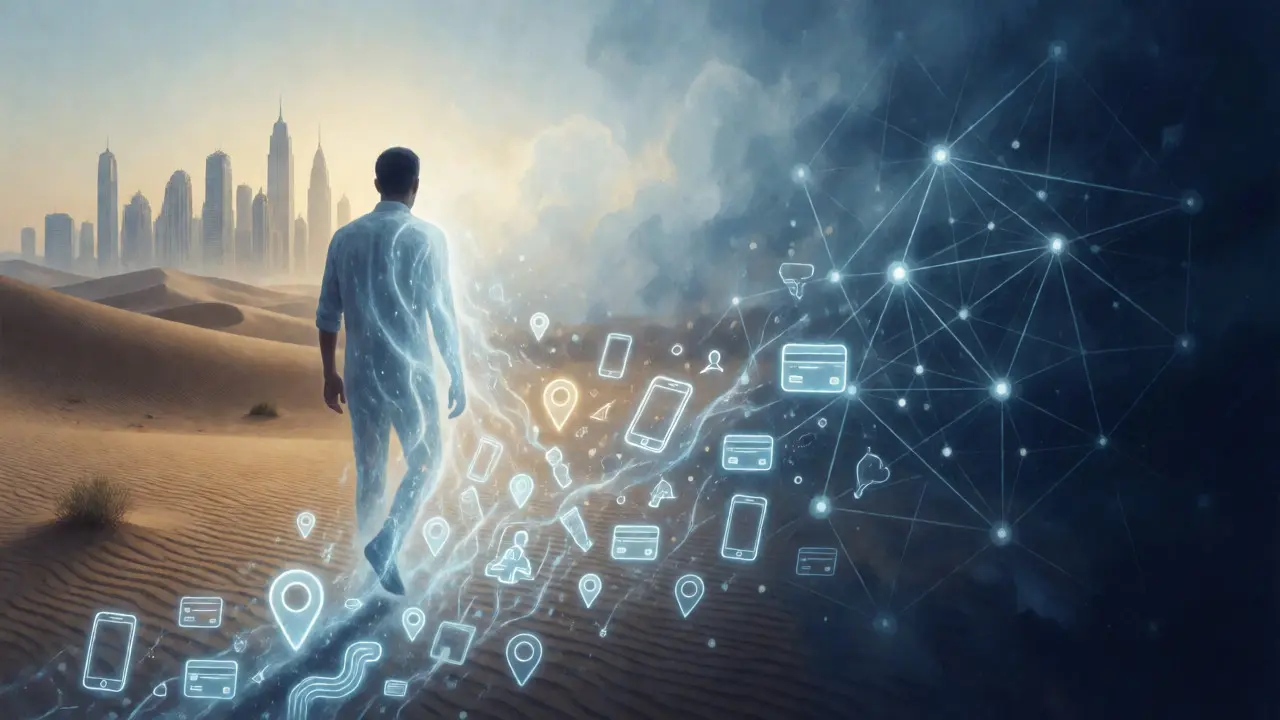 Silhouette of a man fading into digital location markers in a conceptual artwork.