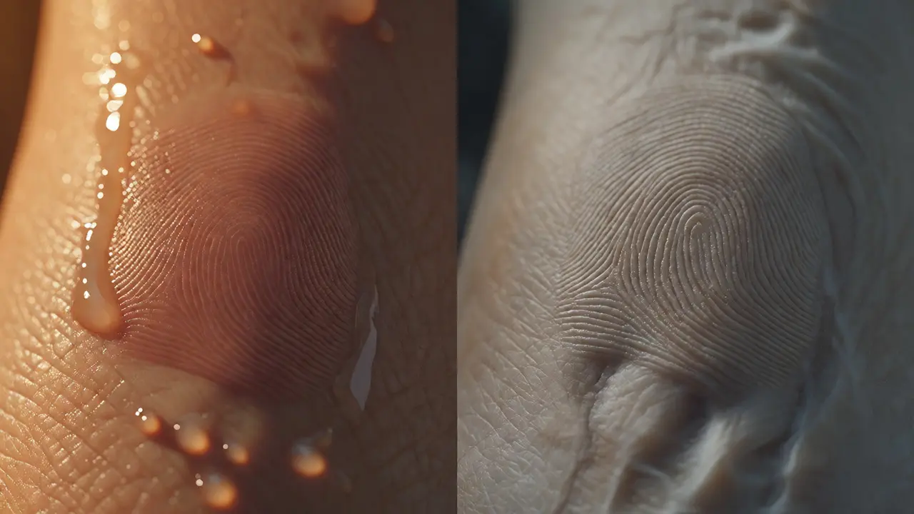 Split view comparing fading prints on living skin versus preserved prints on deceased skin