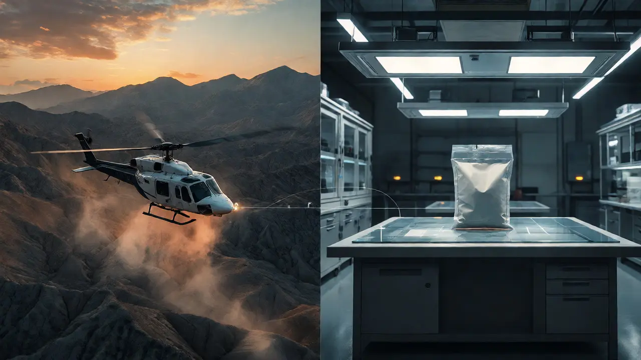 Split view of a desert search helicopter and a forensic lab bench.