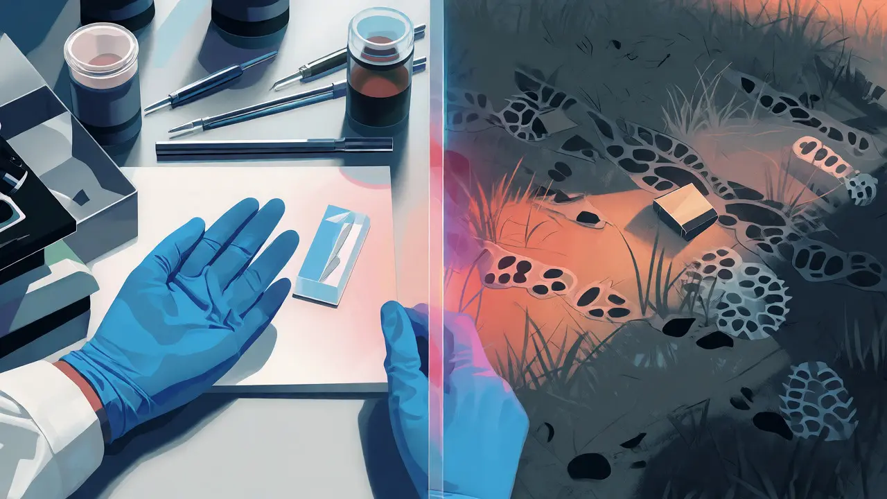 Split view of sterile lab tools versus chaotic crime scene