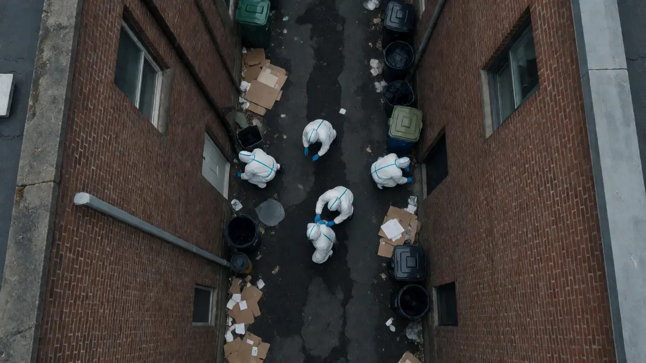 Team performing a grid search in a narrow, debris-filled urban alleyway.