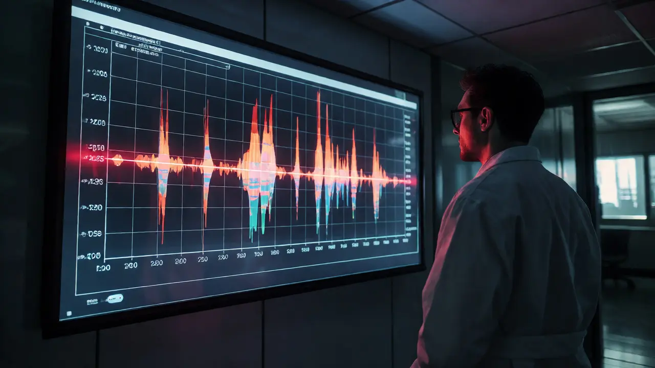 Technician analyzing DNA electropherogram peaks