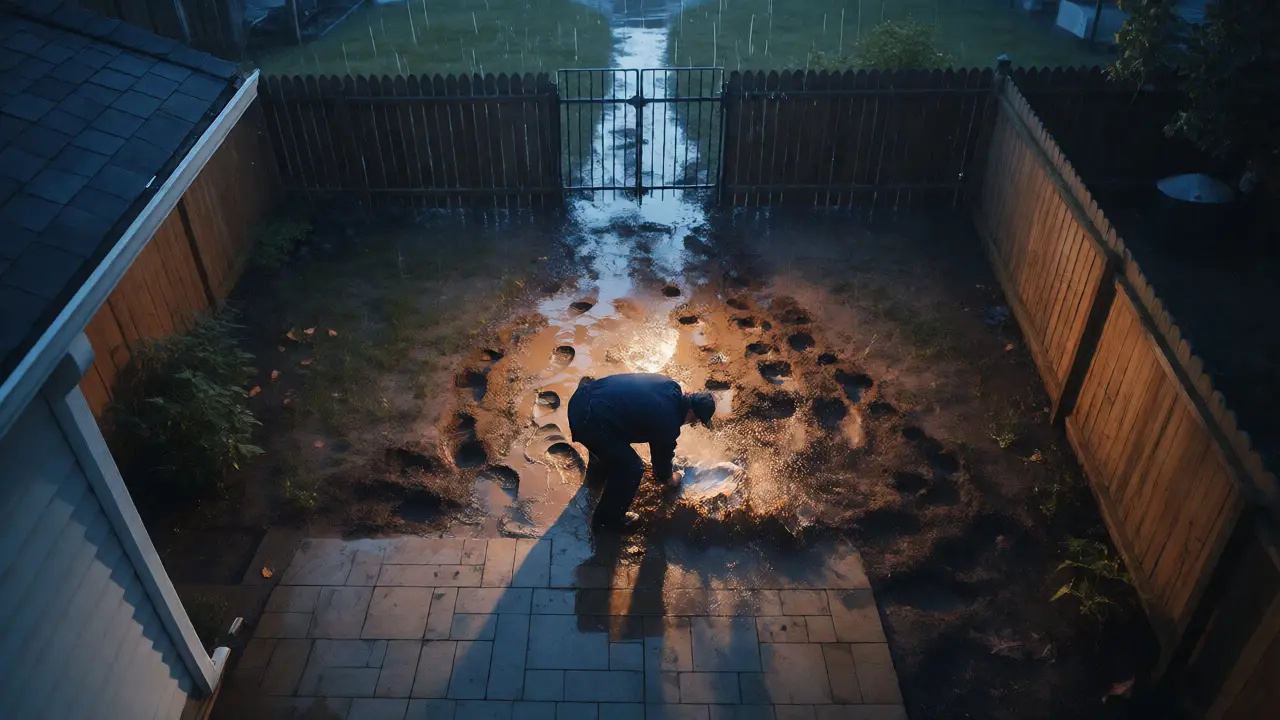 Technician casting muddy footprints as rain falls
