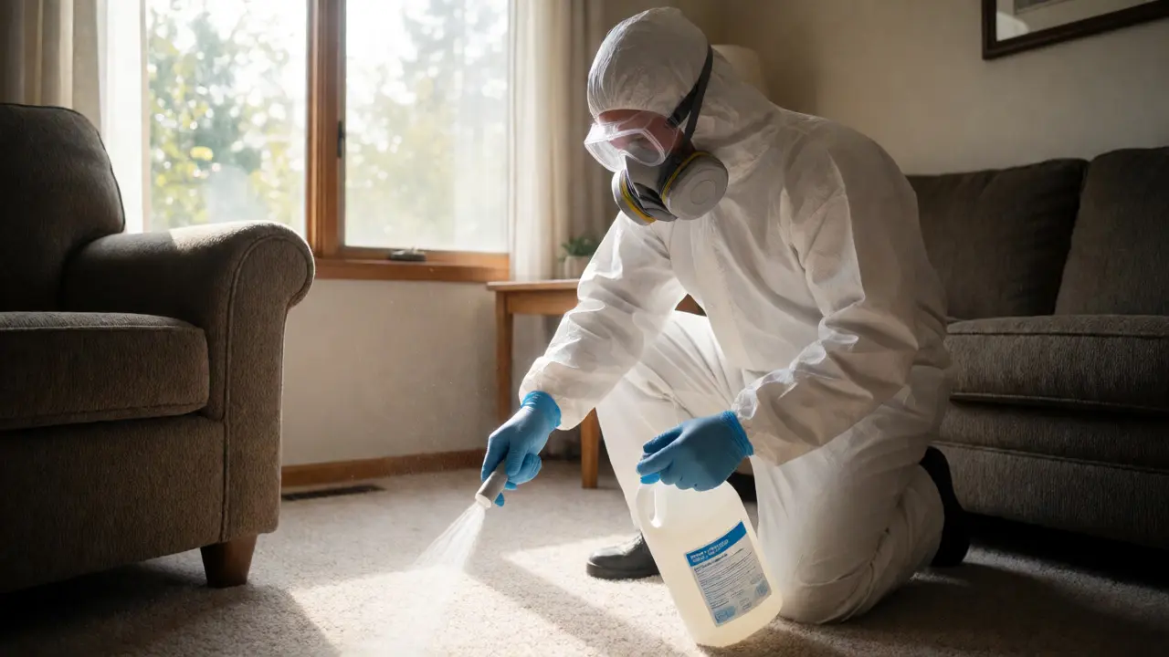 Technician in full PPE applying safe disinfectant to carpet in a sunlit room.