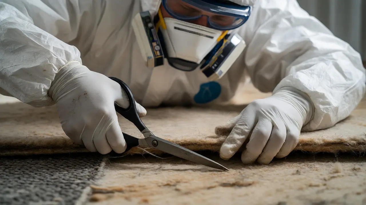Technician in PPE removing contaminated carpet padding during cleanup