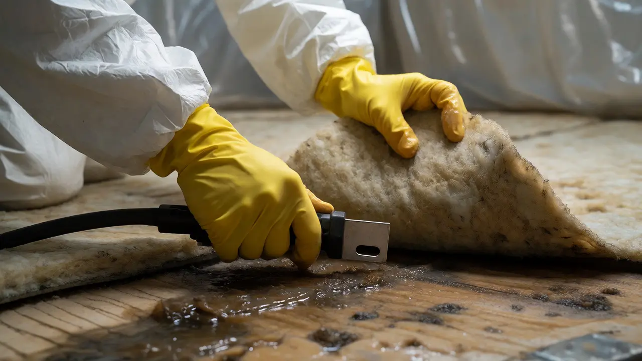 Technician in protective gear lifting saturated carpet to reveal contaminated subfloor.
