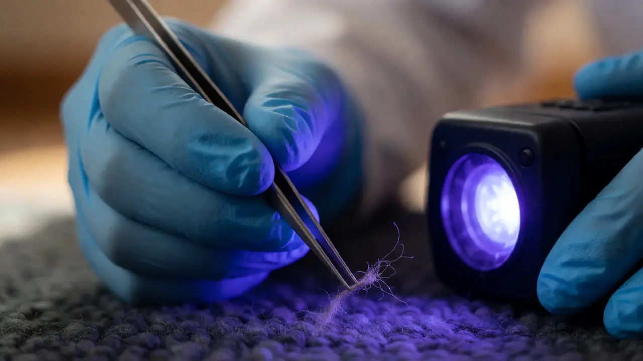 Technician lifting trace fibers with UV light assistance