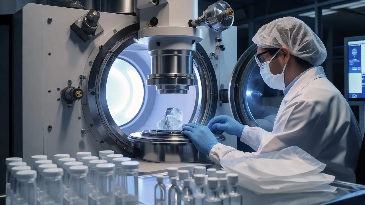 Technician operating a Scanning Electron Microscope in a sterile lab setting.