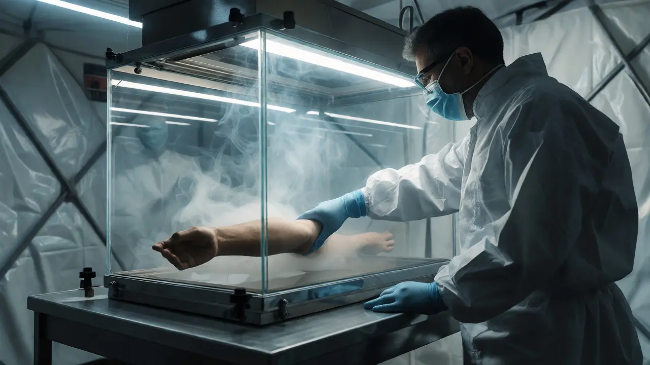 Technician placing a deceased subject's arm into a cyanoacrylate fuming chamber