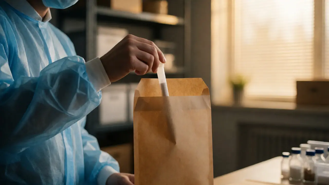 Technician placing a dried swab tube into a paper envelope