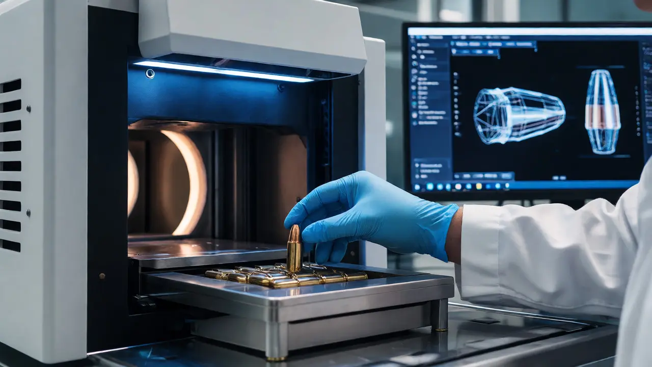 Technician scanning a bullet in a 3D ballistic imaging lab.