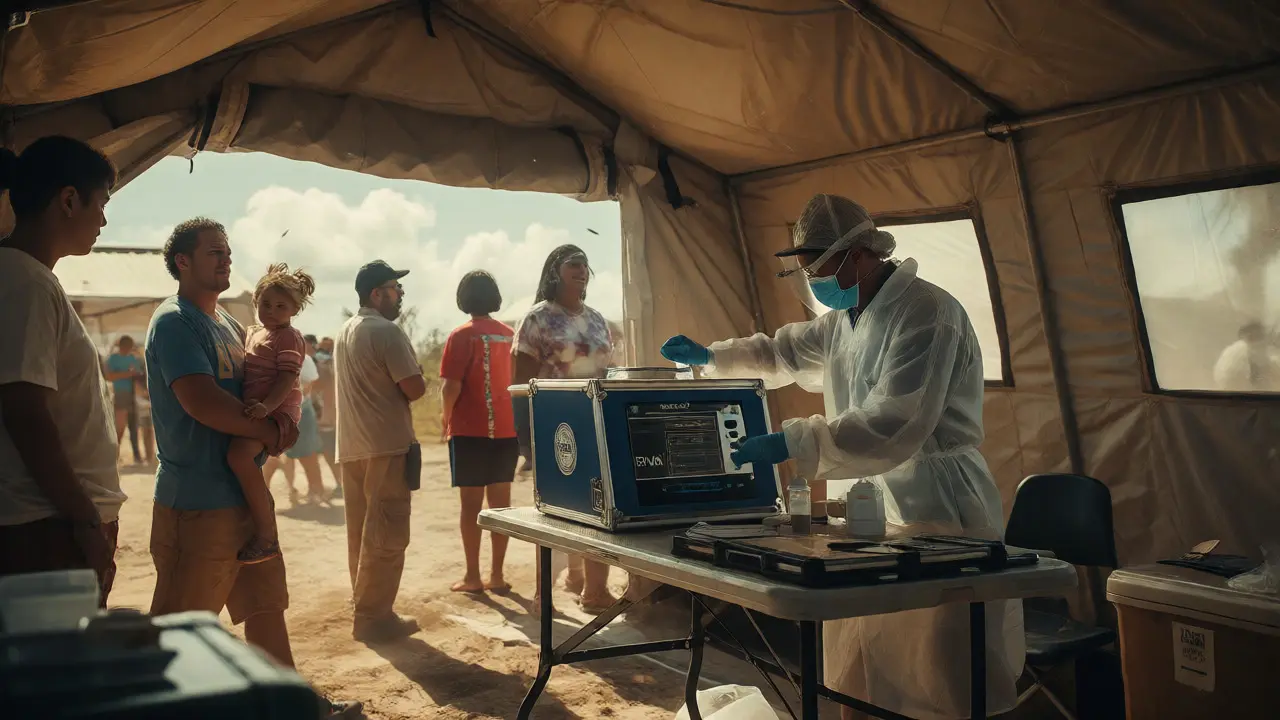 Technician using a portable DNA unit in a field tent while families wait for identification.