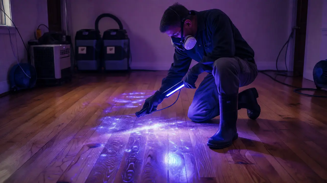 Technician using UV light to detect hidden residue on a cleaned hardwood floor.