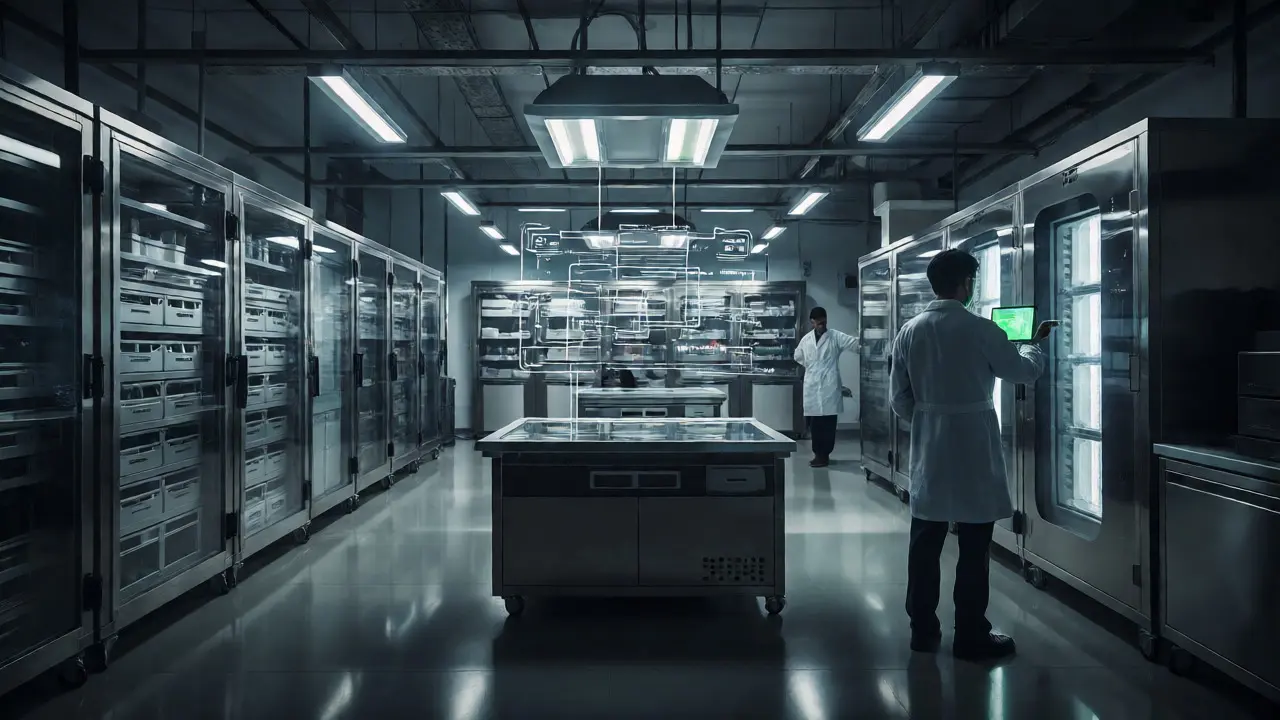 Technicians monitoring secure storage in a high-tech forensic lab with data streams.