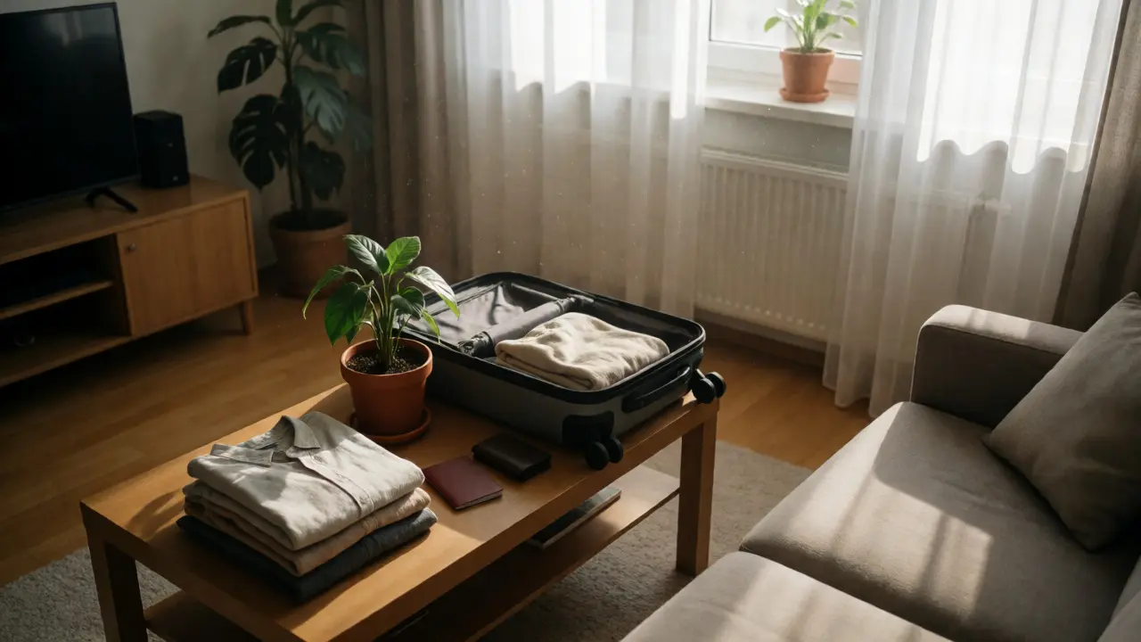 Tidy apartment interior with packed bag suggesting a voluntary, planned departure.