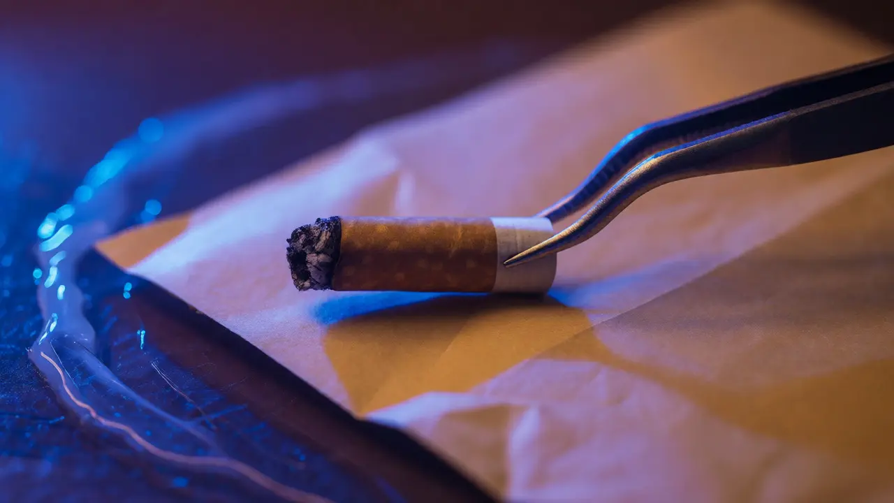 Tweezers holding a cigarette butt over a paper envelope with UV-lit saliva residue in background.