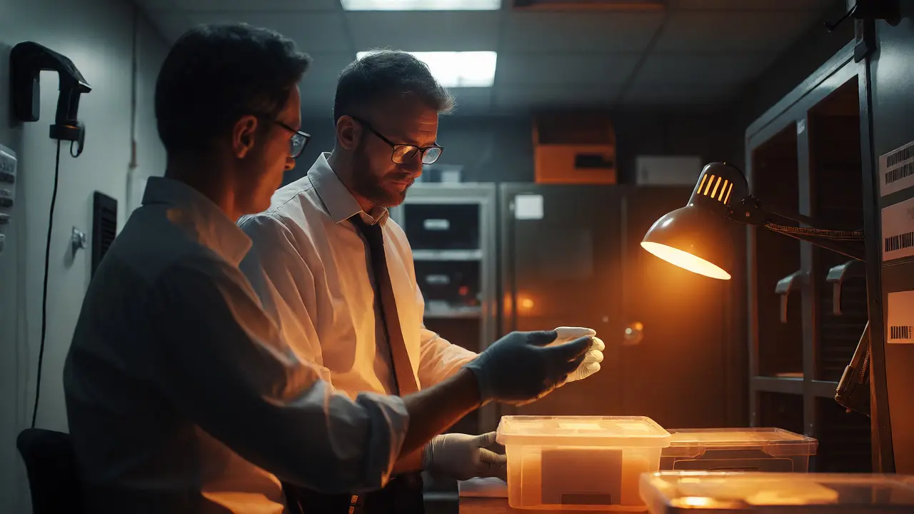 Two analysts verifying a sealed evidence item in a secure archive