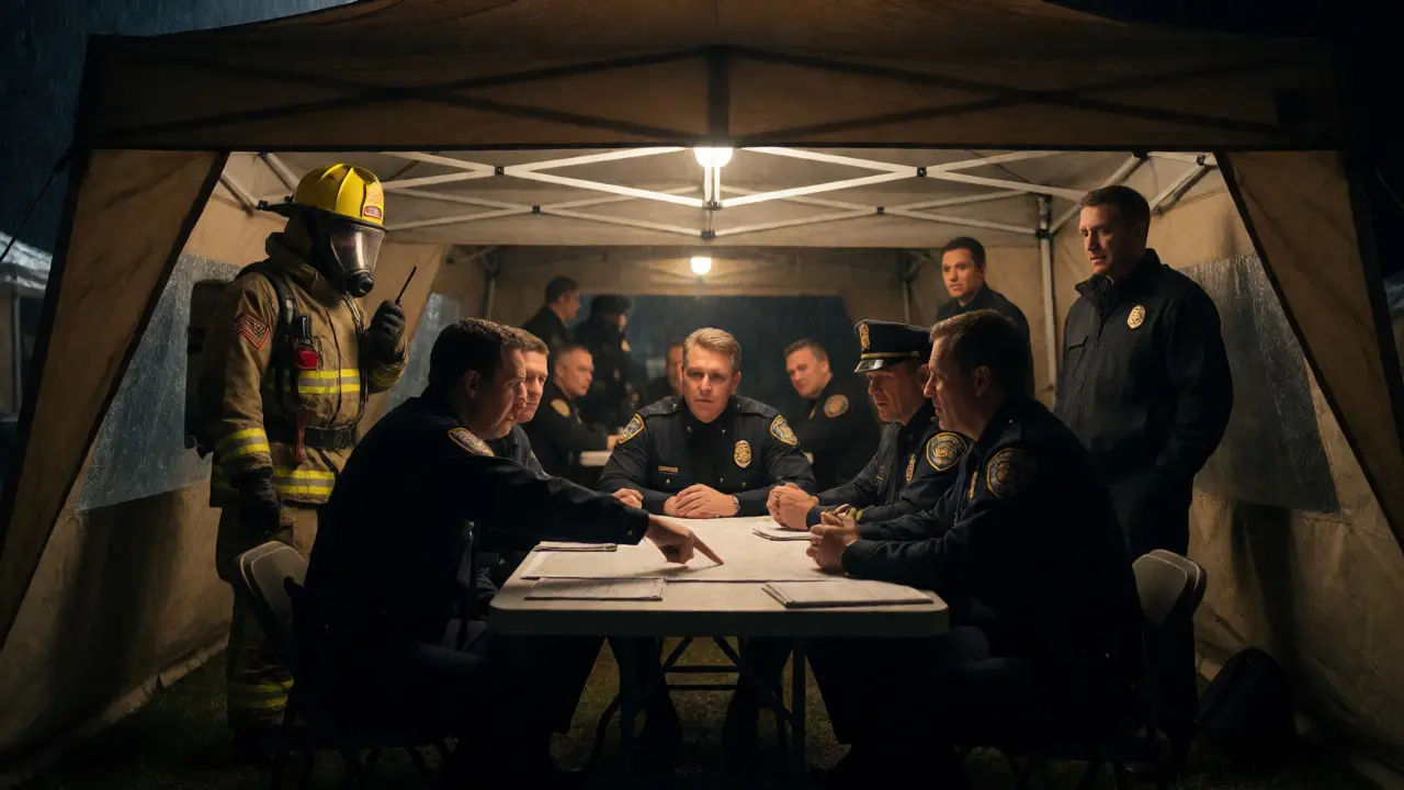 Unified command post meeting with police, fire, and bomb squad officials coordinating at night.