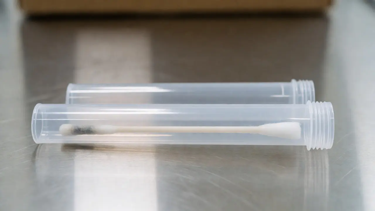 Used biological swab drying inside an open tube on a table