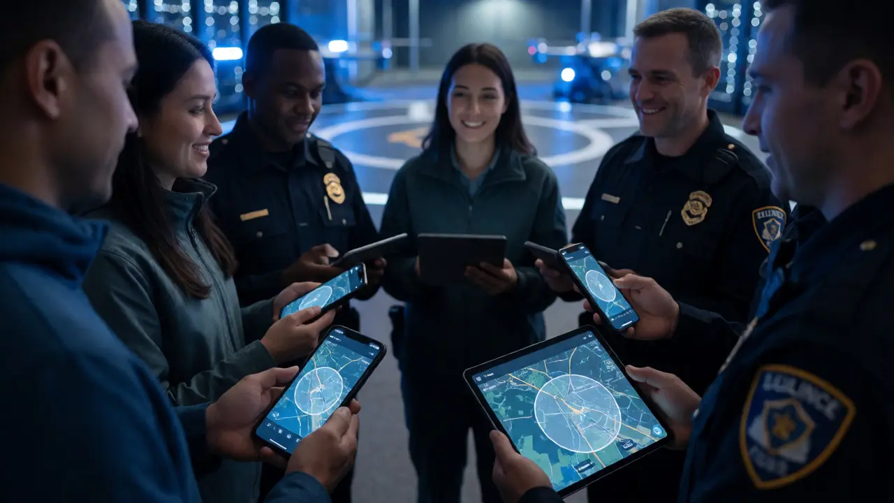 Volunteers and police coordinating search efforts using synchronized mobile devices