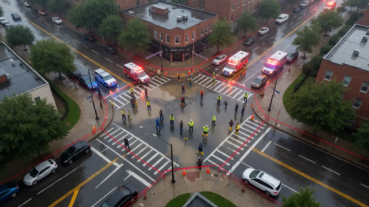 Wide rain-soaked crime scene perimeter with investigators working