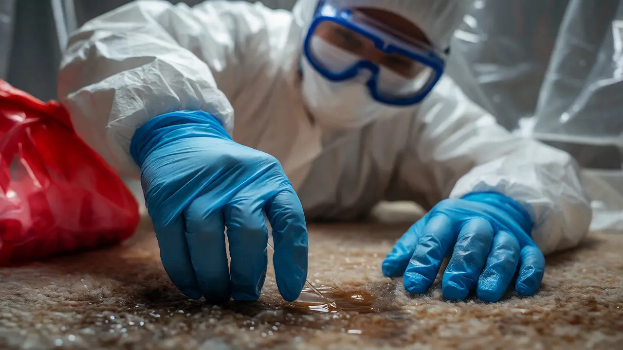 Worker in PPE disinfecting a stained carpet with a red biohazard bag nearby.