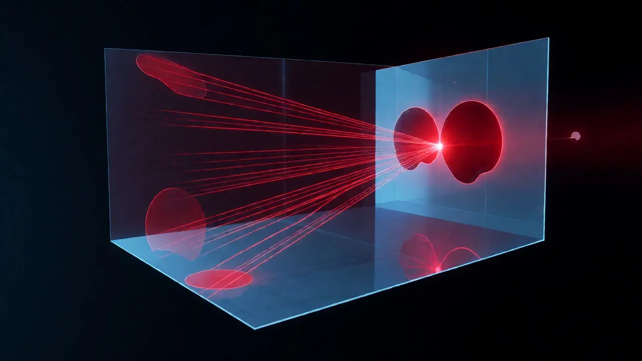 3D digital visualization of red vectors converging from bloodstain patterns to a point