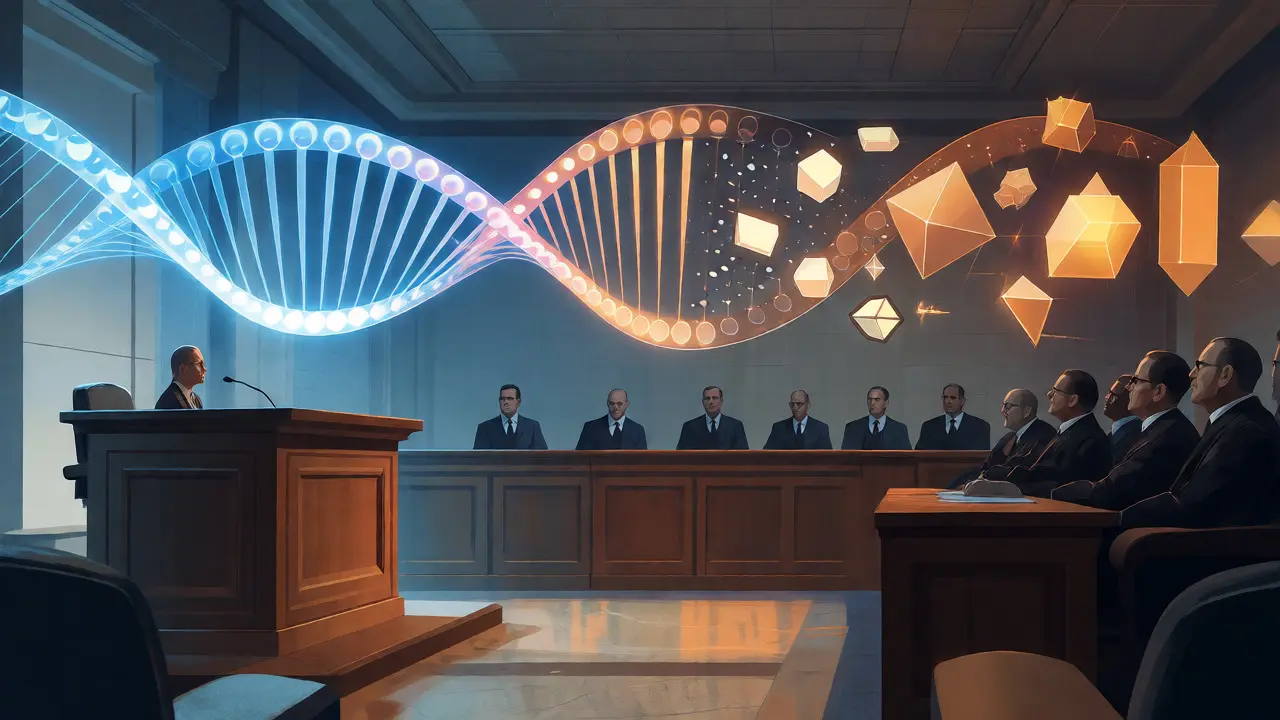 Abstract DNA helix bridging courtroom figures