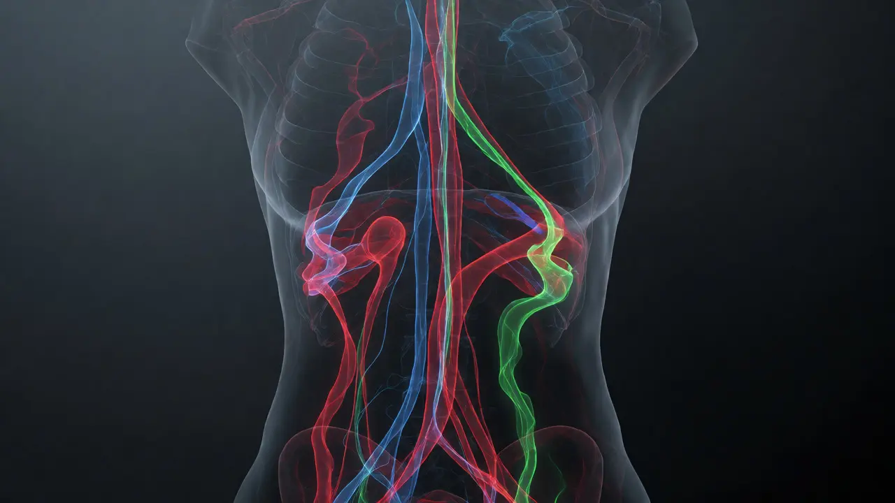 Abstract visualization of drug redistribution in a human body