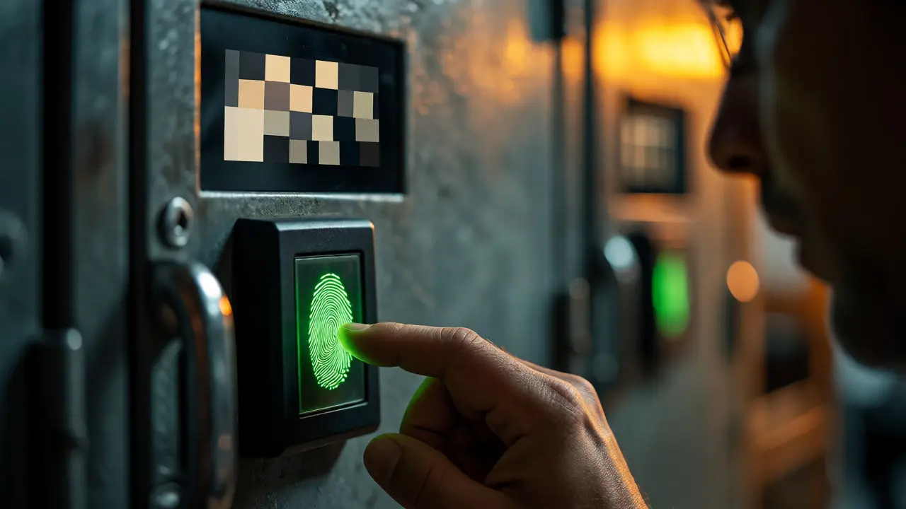 Analyst unlocking a secure evidence locker using a biometric fingerprint scanner