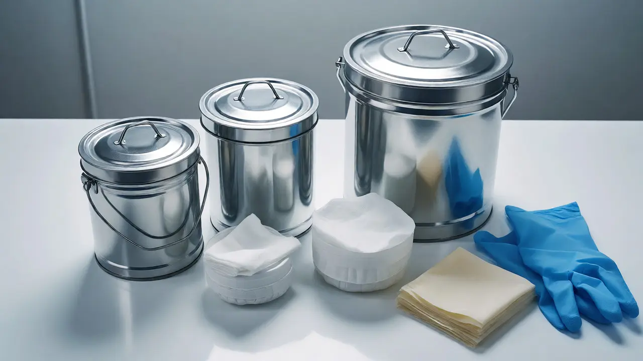 Assorted sizes of sterile metal fire debris cans and liners arranged on a clean laboratory bench.