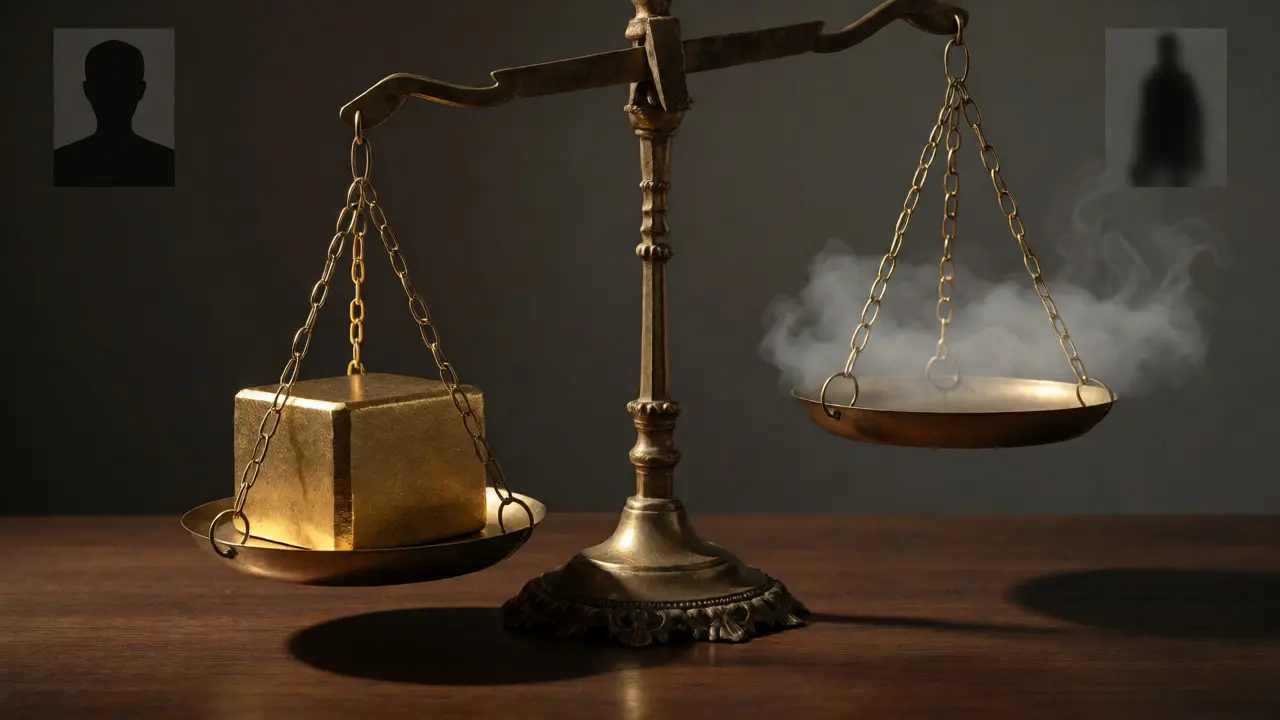 Balance scale tipping heavily toward a gold block, symbolizing strong DNA evidence support.