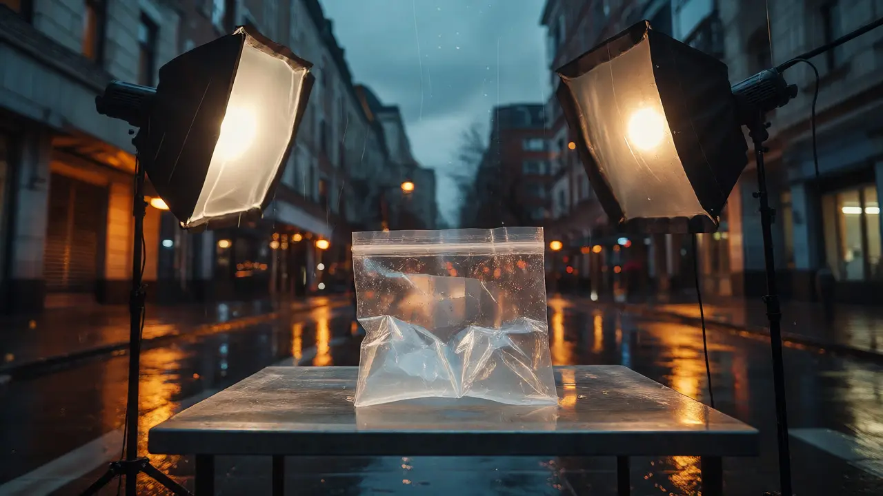 Clear evidence bag photographed using cross-polarization to eliminate plastic glare.