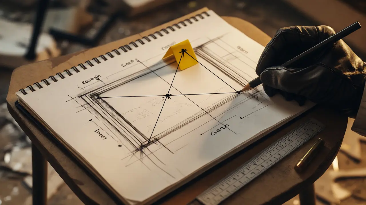 Close-up of a gloved hand sketching triangulated measurements next to evidence and a scale.