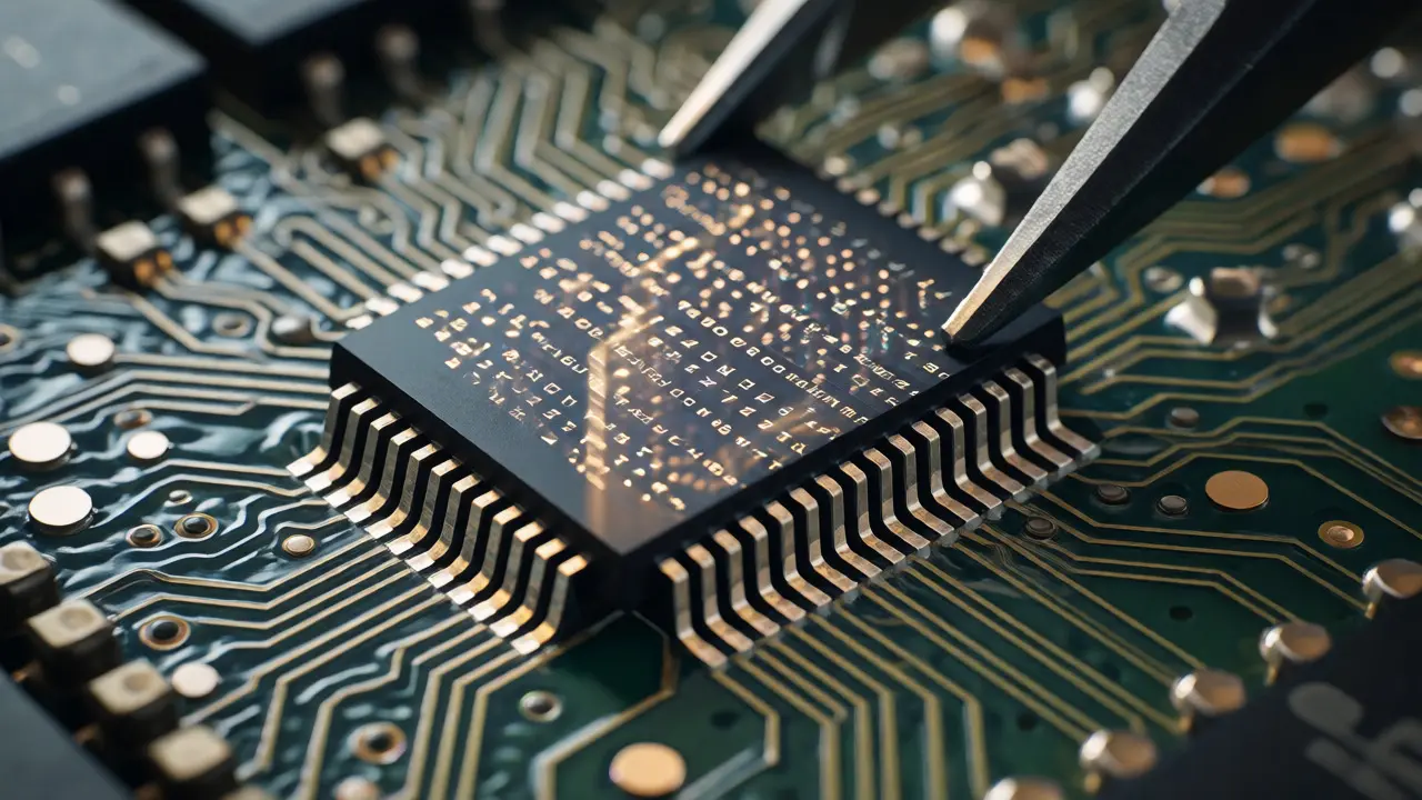 Close-up of a NAND flash chip being removed for physical extraction