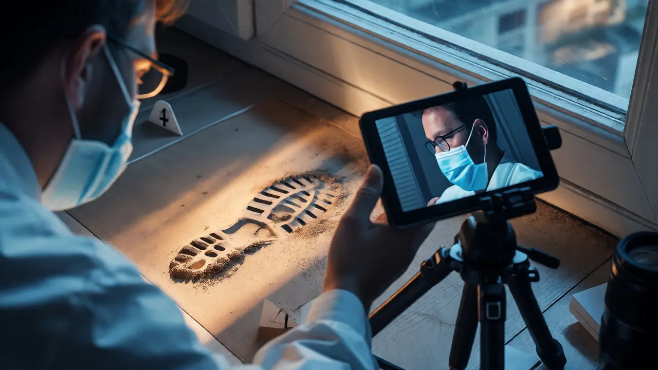 Close-up of a technician using oblique lighting and a tablet to document a faint footprint indoors.
