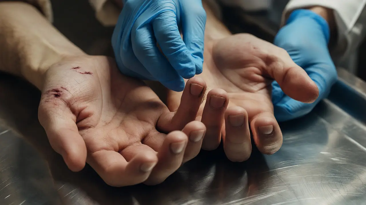 Close-up of defensive wounds and fingernail evidence on a corpse's hands.