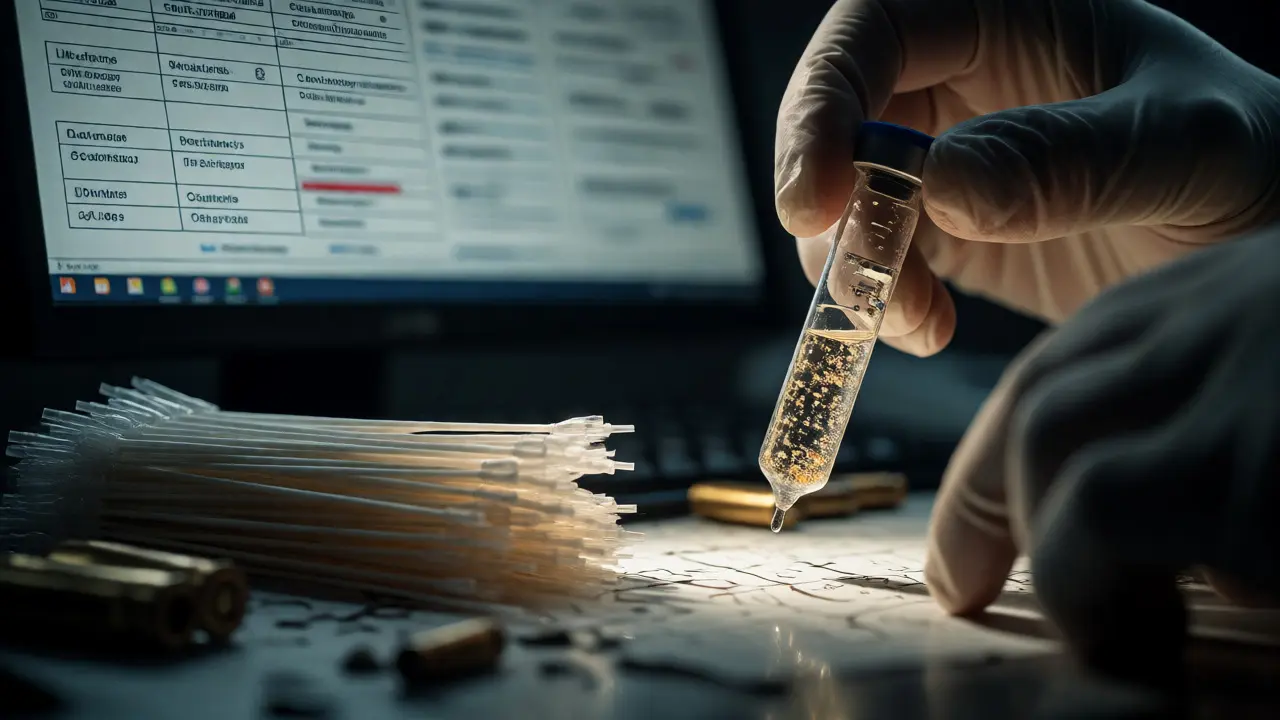 Close-up of forensic hands handling complex chemical samples amidst routine evidence
