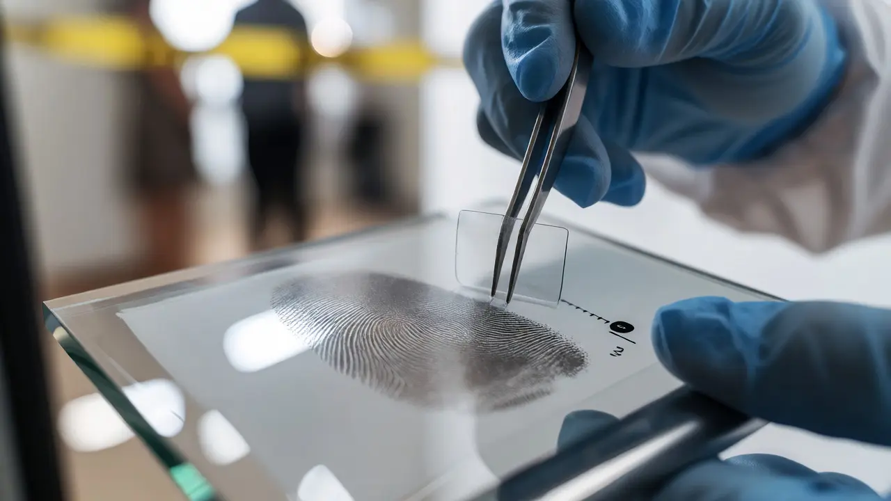 Close-up of gloved hands lifting a latent fingerprint from a glass surface.