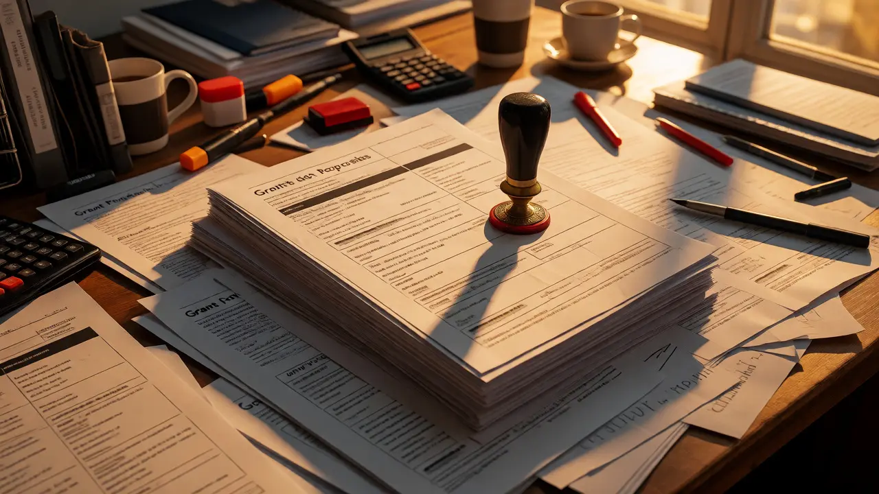 Close-up of grant proposal documents being stamped on a sunny desk.