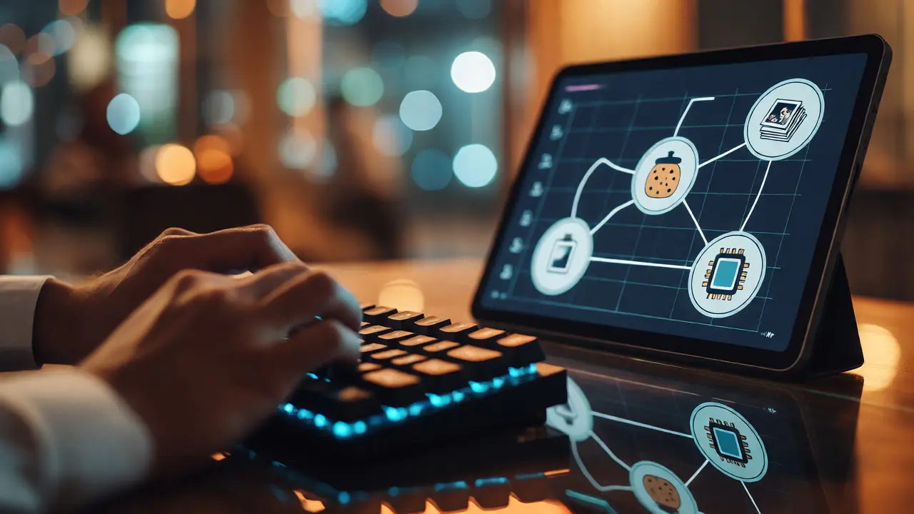 Close-up of hands typing with a tablet showing a correlation graph of digital forensic artifacts.